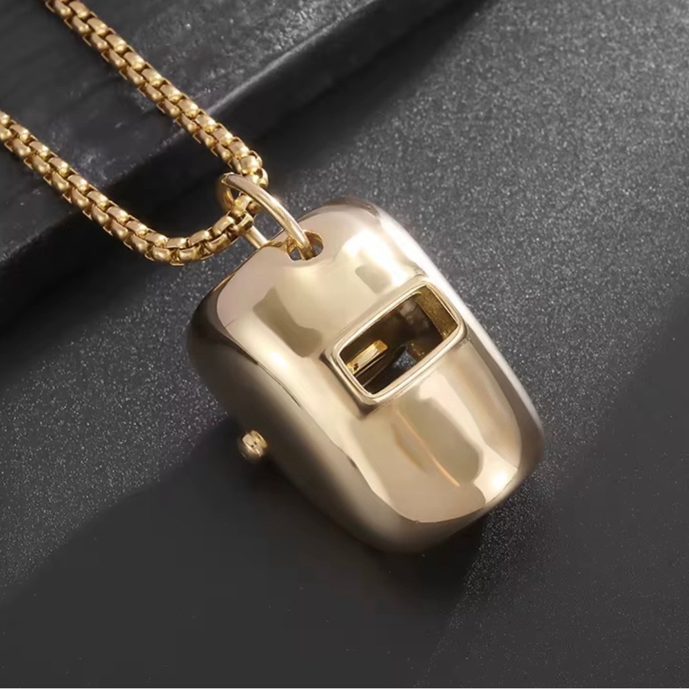 Welder Helmet Pendant with Titanium Steel Chain in a Gold Plated Finish